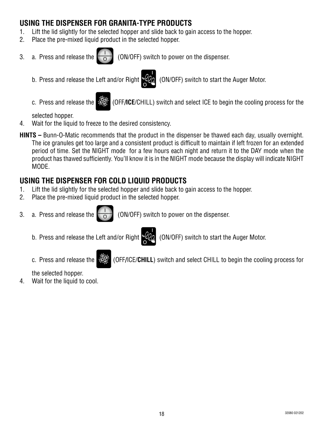 Bunn ULTRA-2 manual Using the Dispenser for GRANITA-TYPE Products, Using the Dispenser for Cold Liquid Products 