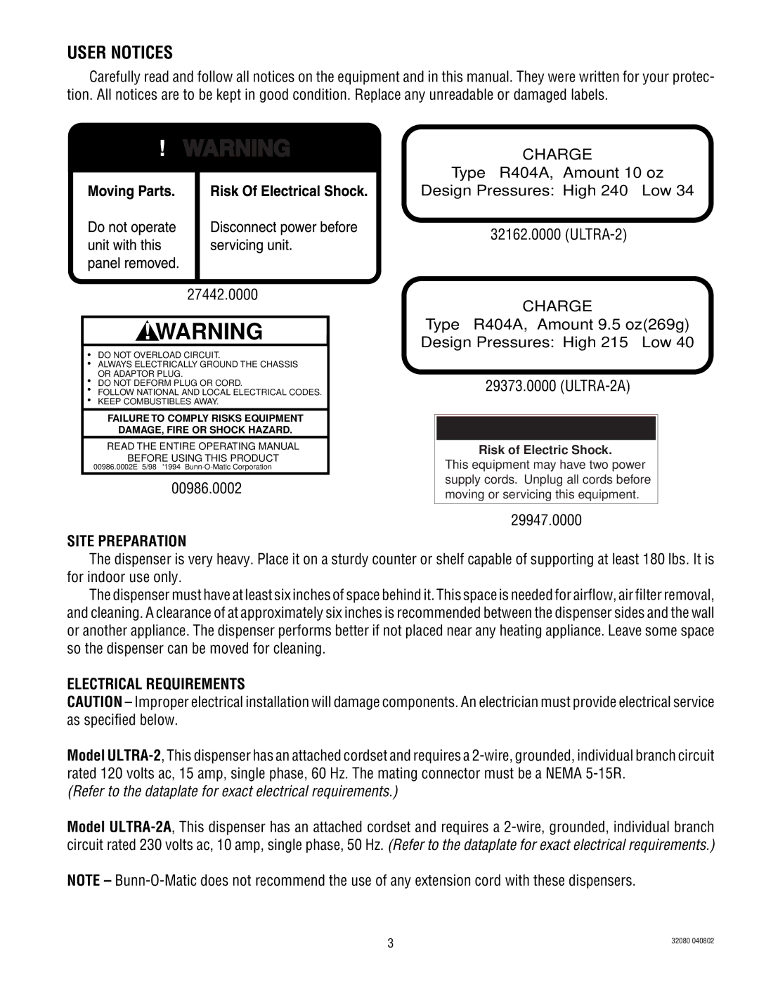 Bunn ULTRA-2 manual User Notices, 00986.0002, 29947.0000 