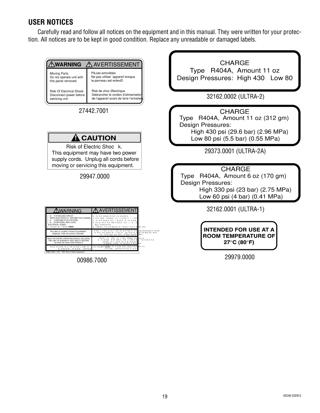 Bunn service manual User Notices, 29947.0000, 00986.7000, ULTRA-2A, ULTRA-1 29979.0000 