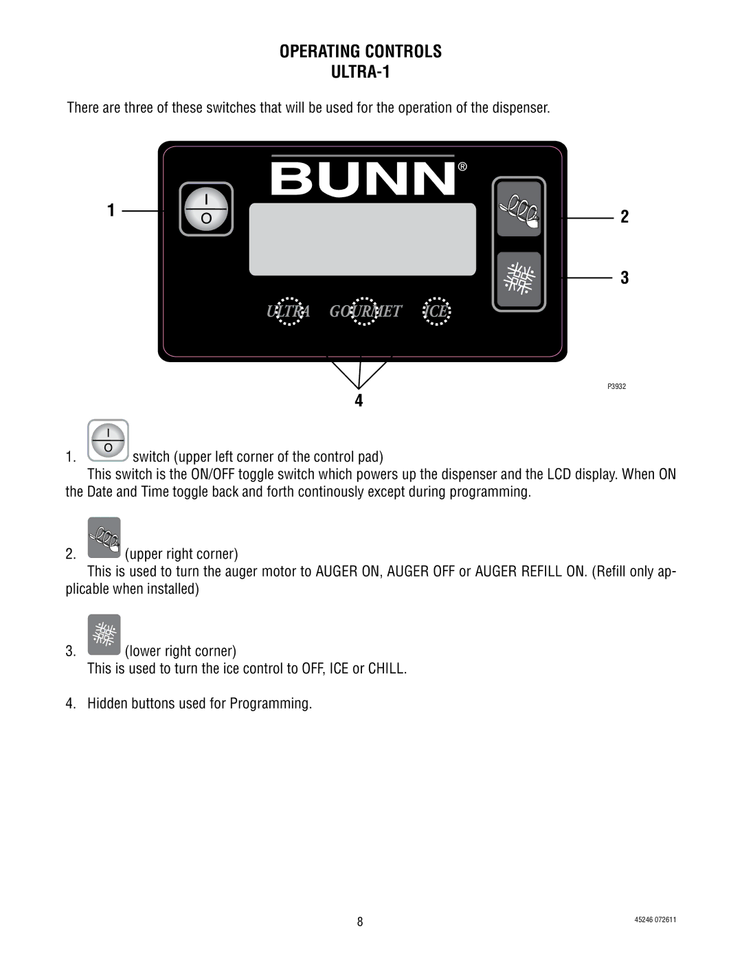 Bunn ULTRA-2 service manual Operating Controls ULTRA-1 