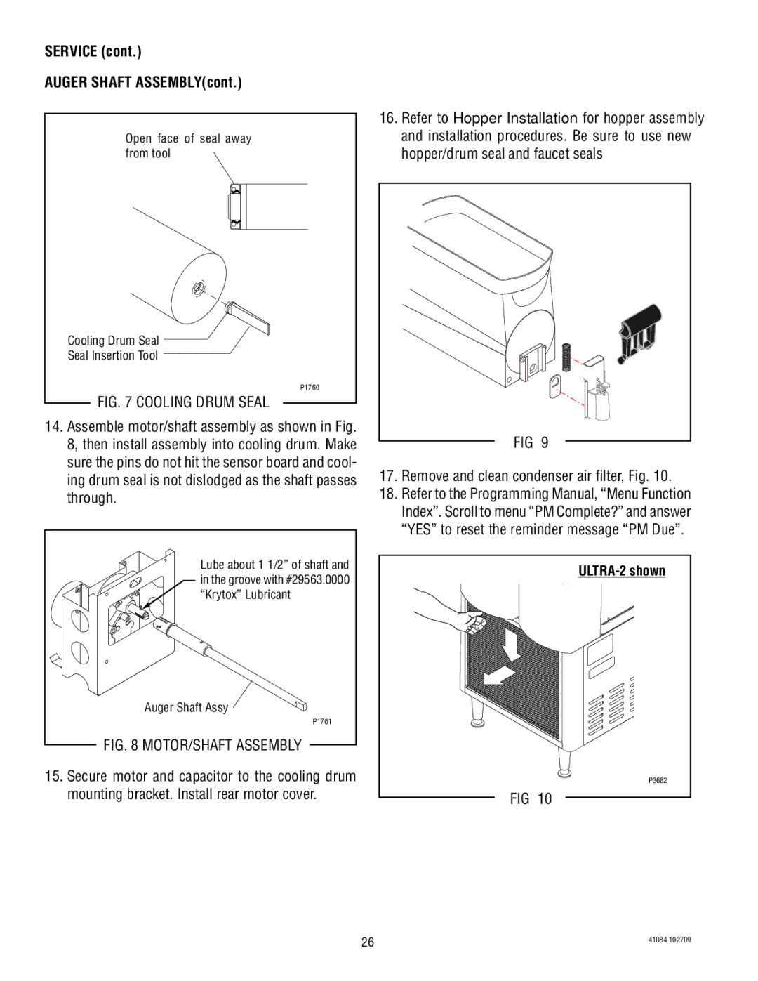 Bunn ULTRA-2 manual Service Auger Shaft ASSEMBLYcont, Remove and clean condenser air filter, Fig 