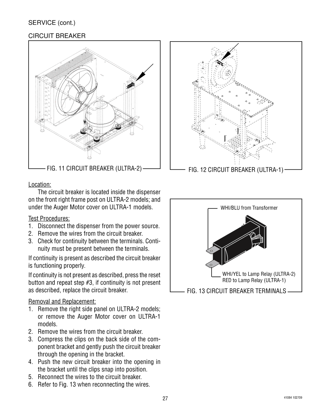 Bunn ULTRA-2 manual Circuit Breaker, Location, Test Procedures, Remove the wires from the circuit breaker 