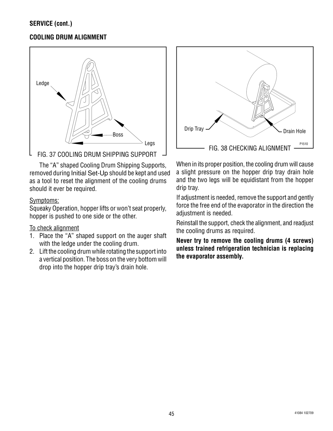 Bunn ULTRA-2 manual Cooling Drum Alignment, Cooling Drum Shipping Support 