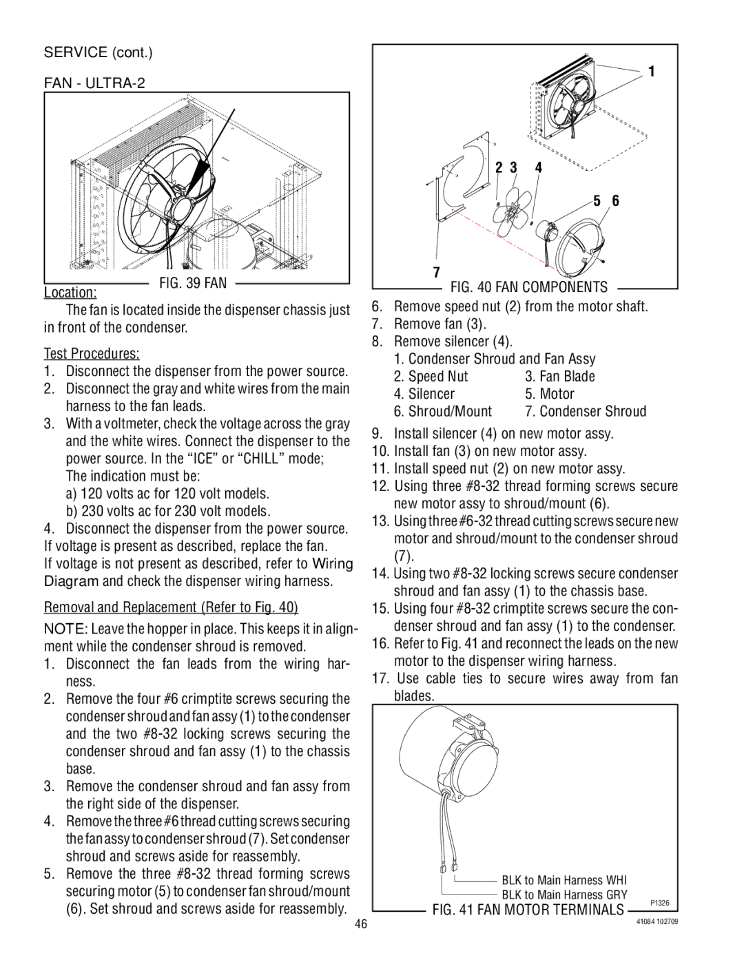 Bunn manual FAN ULTRA-2, Front of the condenser Test Procedures, Use cable ties to secure wires away from fan blades 