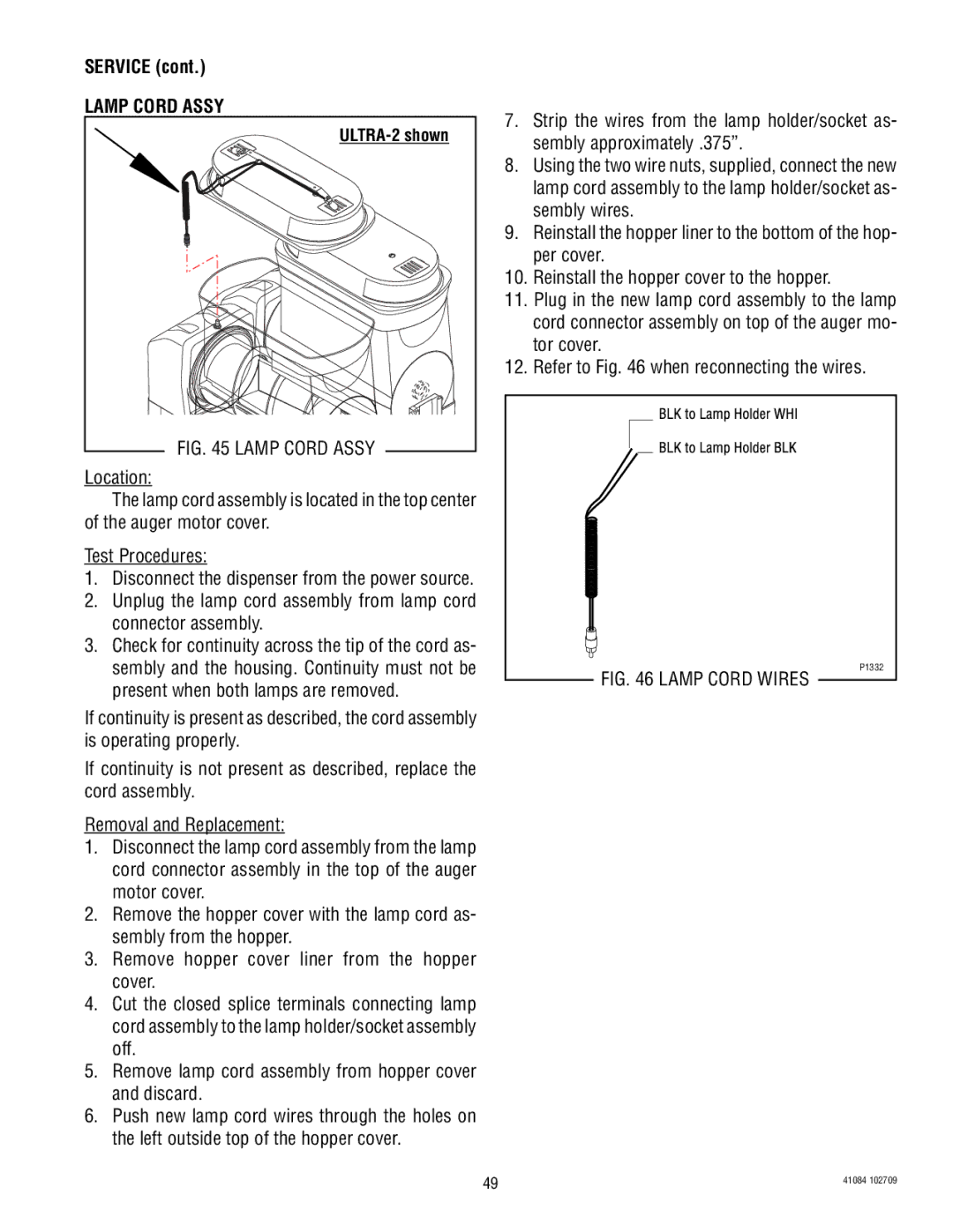 Bunn ULTRA-2 manual Lamp Cord Assy, Lamp Cord Wires 