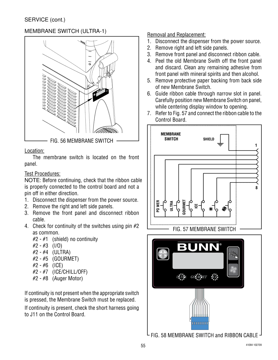 Bunn ULTRA-2 manual Membrane Switch ULTRA-1, Refer to and connect the ribbon cable to the Control Board 