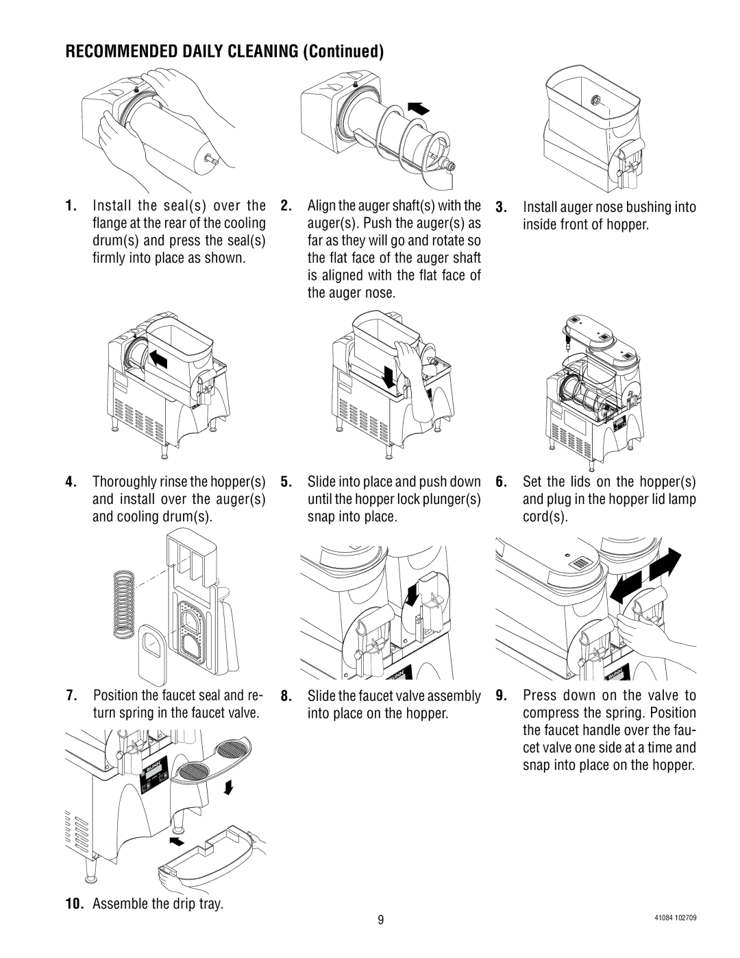 Bunn ULTRA-2 manual Drums and press the seals, Firmly into place as shown, Auger nose, Assemble the drip tray 