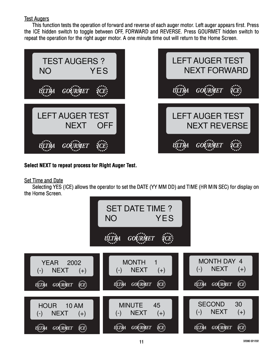 Bunn ULTRA-2 manual Test Augers ?, Left Auger Test, Next Off, Next Reverse, Set Date Time ? No Yes, Next Forward 
