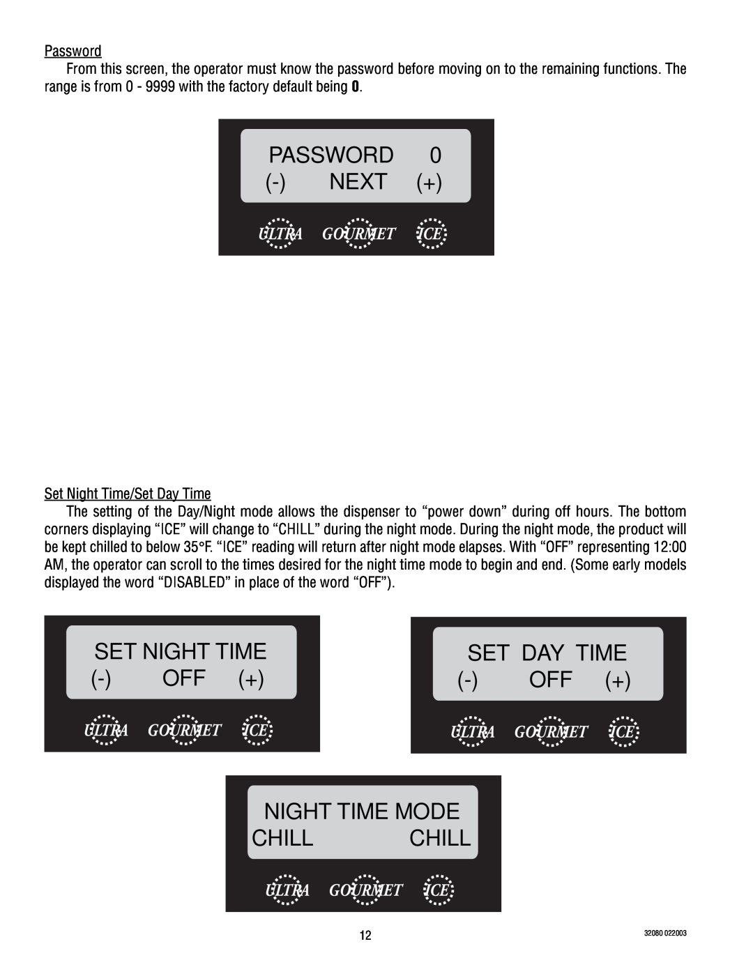 Bunn ULTRA-2 manual PASSWORD 0 - NEXT +, Set Night Time, Set Day Time, Off +, Night Time Mode Chill Chill 