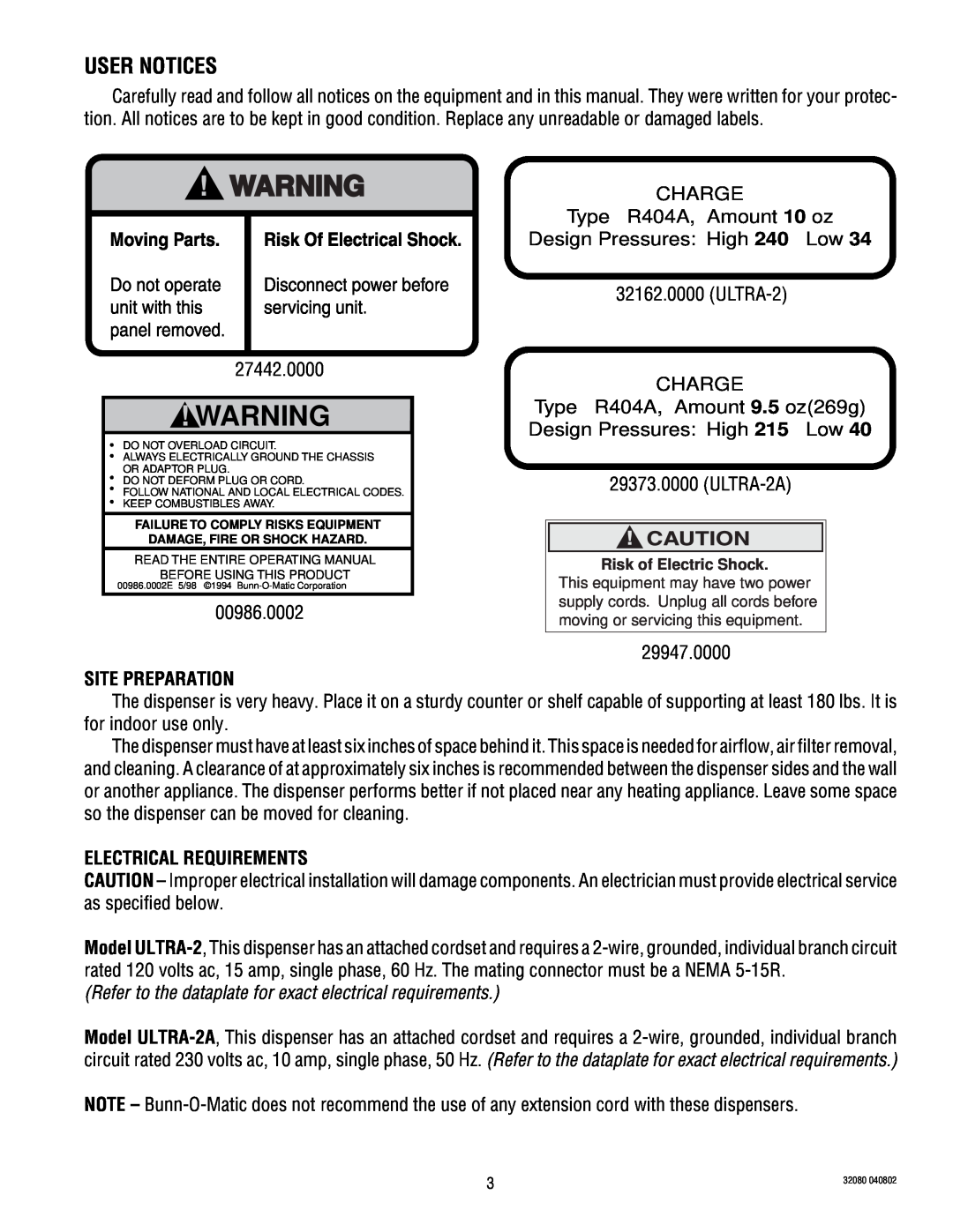 Bunn ULTRA-2 manual User Notices, Site Preparation, Electrical Requirements 