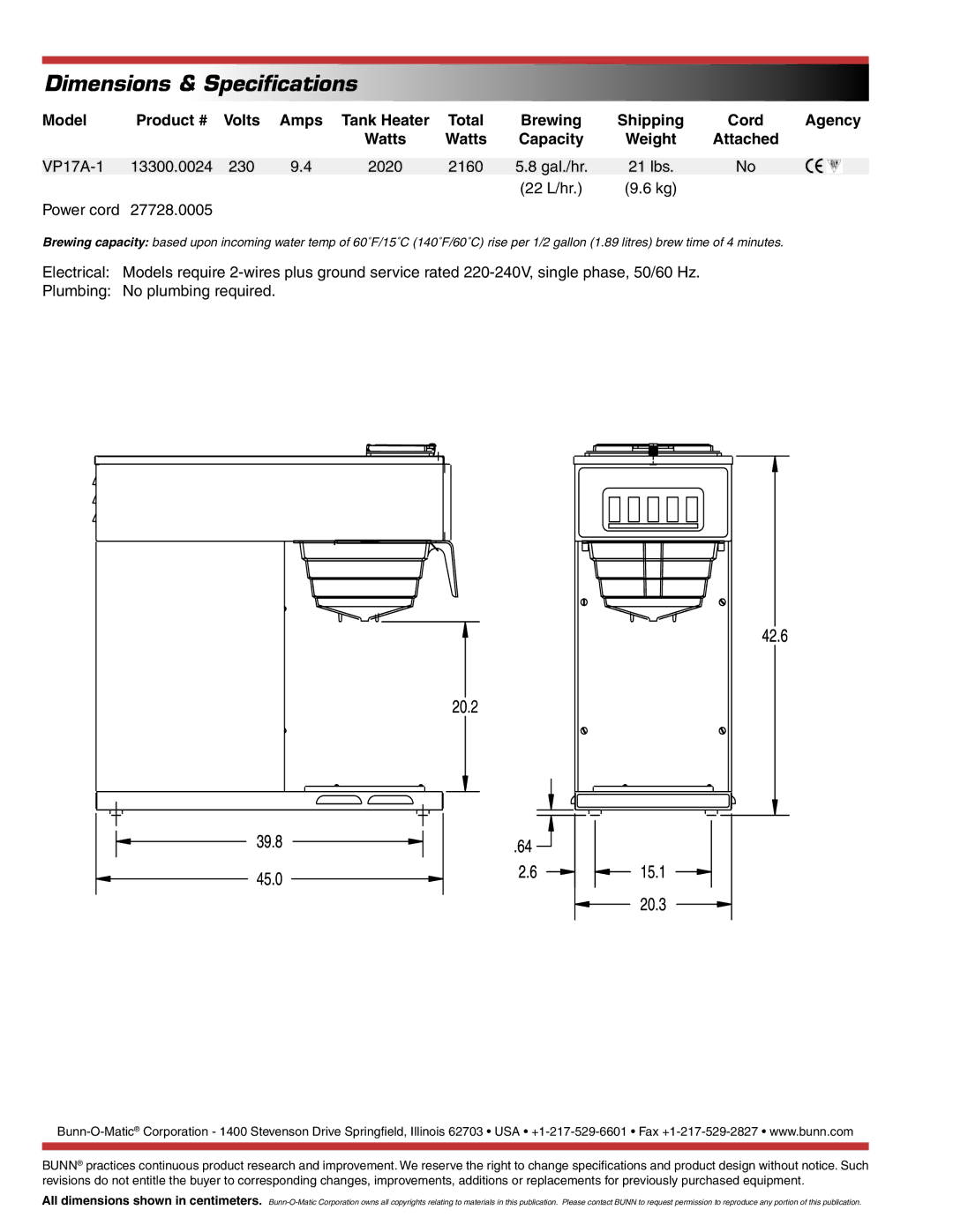 Bunn VP17-1 Dimensions & Speciﬁcations, Model Product # Volts Amps, Shipping Cord Agency Watts Capacity, Attached 