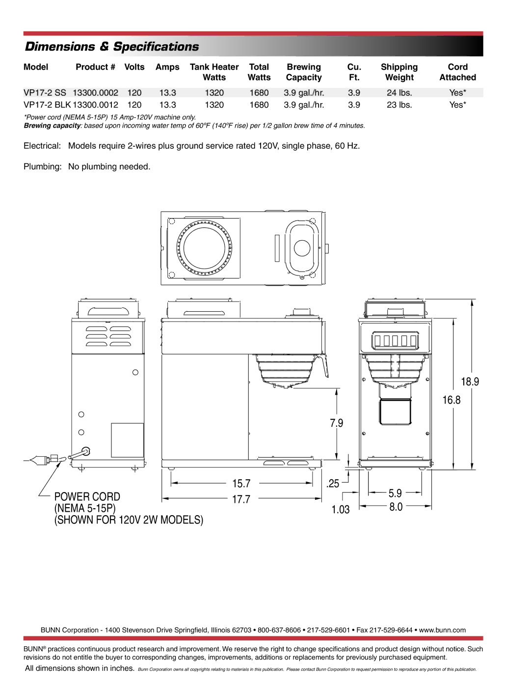 Bunn VP17-2 specifications Model Product # Volts Amps, Shipping Cord Watts Capacity, Attached 