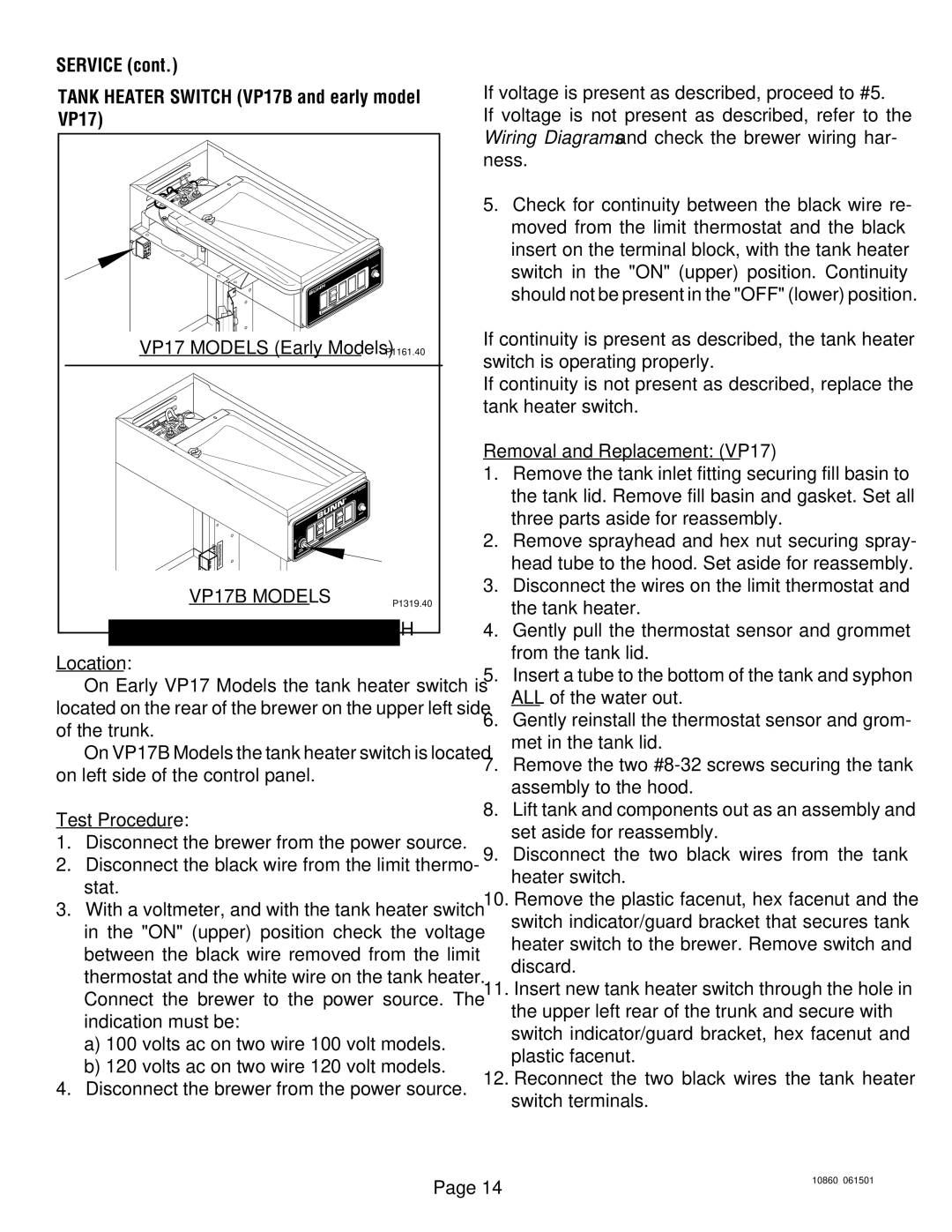 Bunn service manual Service Tank Heater Switch VP17B and early model VP17 