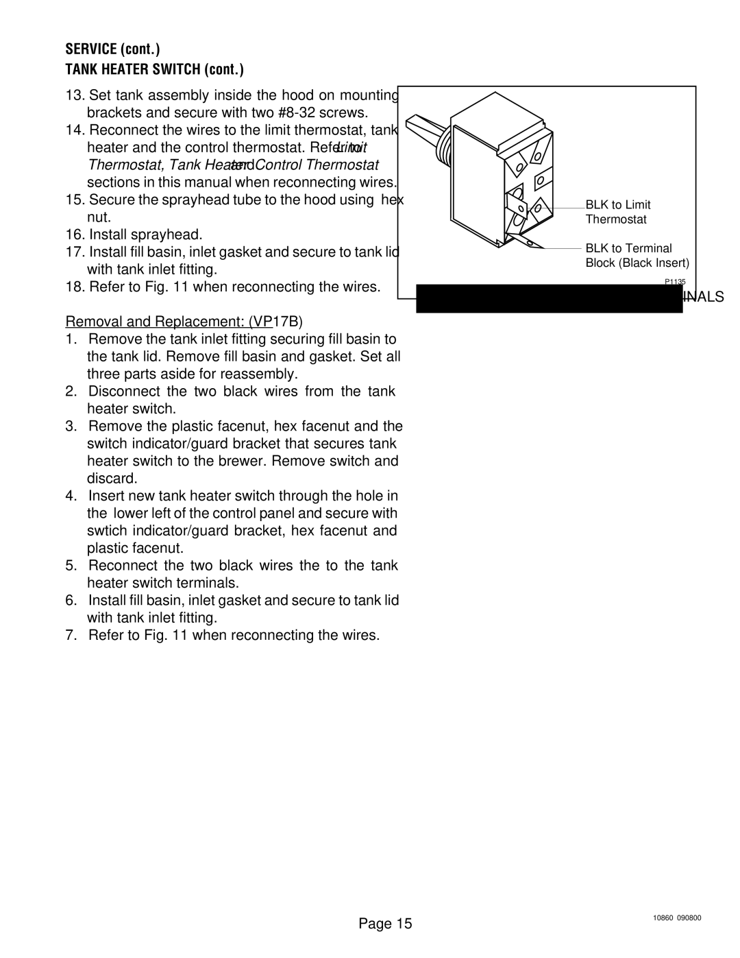 Bunn VP17B service manual Service Tank Heater Switch 