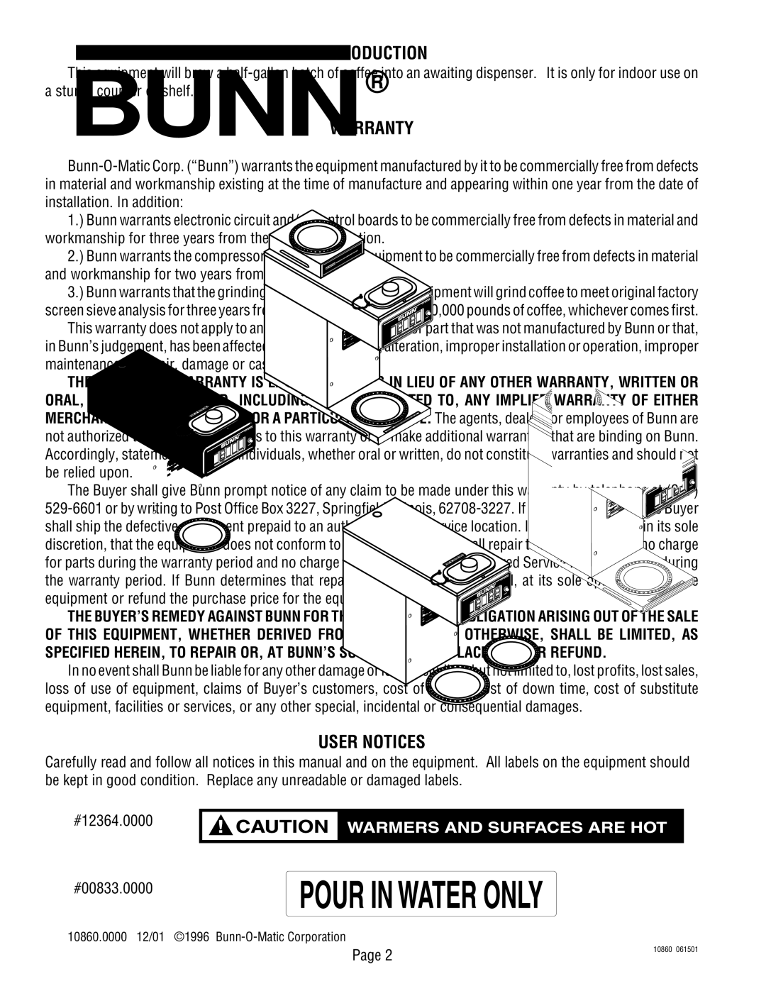 Bunn VP17B service manual Introduction, Warranty, User Notices 