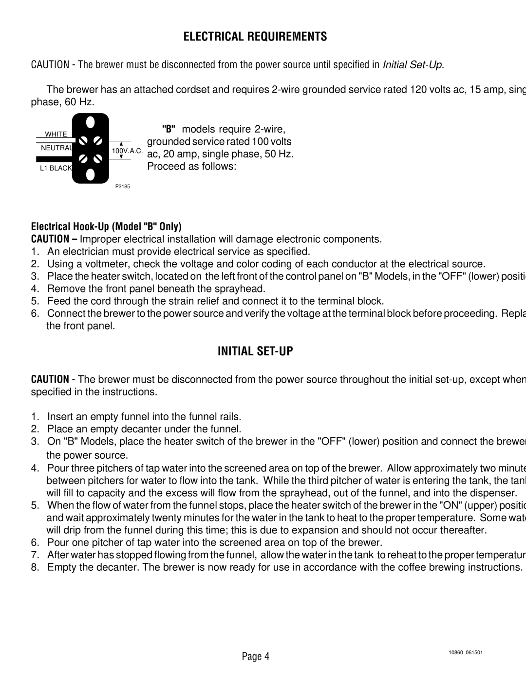 Bunn VP17B service manual Electrical Requirements, Initial SET-UP 