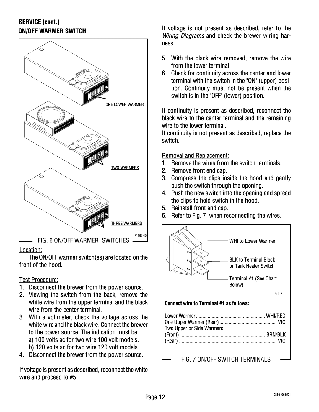Bunn VP17B service manual SERVICE cont ON/OFF WARMER SWITCH, Connect wire to Terminal #1 as follows 