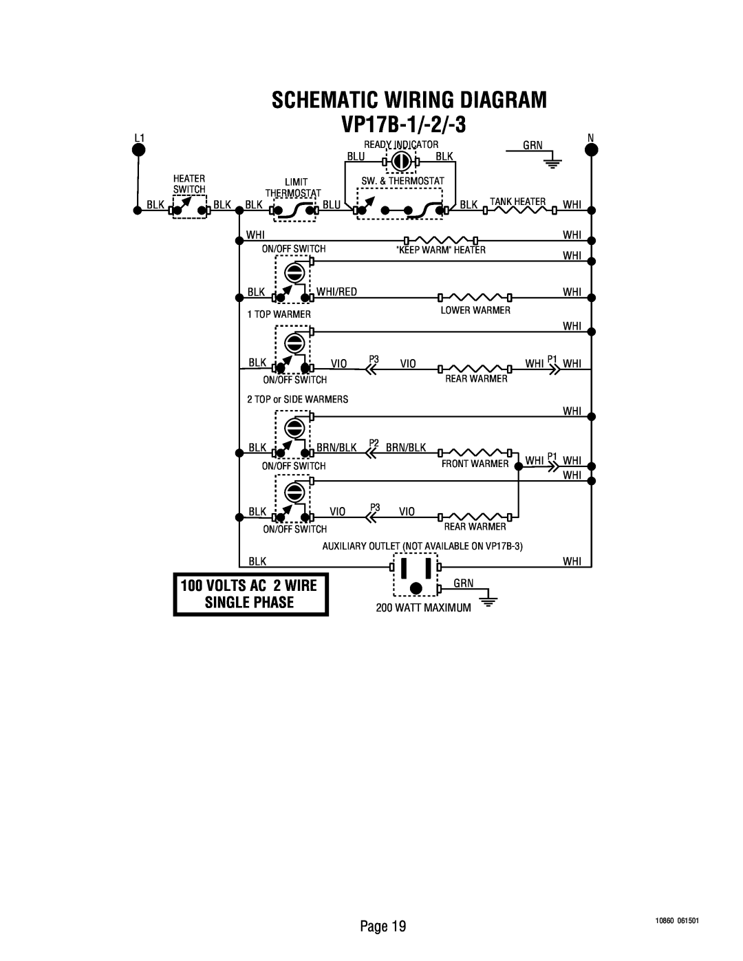 Bunn service manual VP17B-1/-2/-3, Single Phase, Schematic Wiring Diagram, VOLTS AC 2 WIRE 