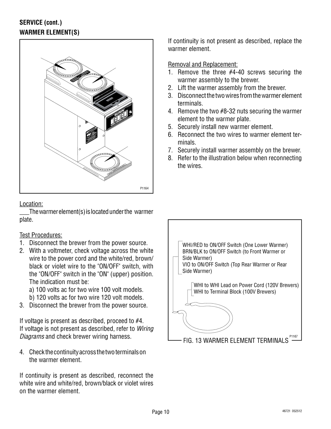 Bunn VP17 manual Warmer Elements, Warmer Element Terminals P1167 