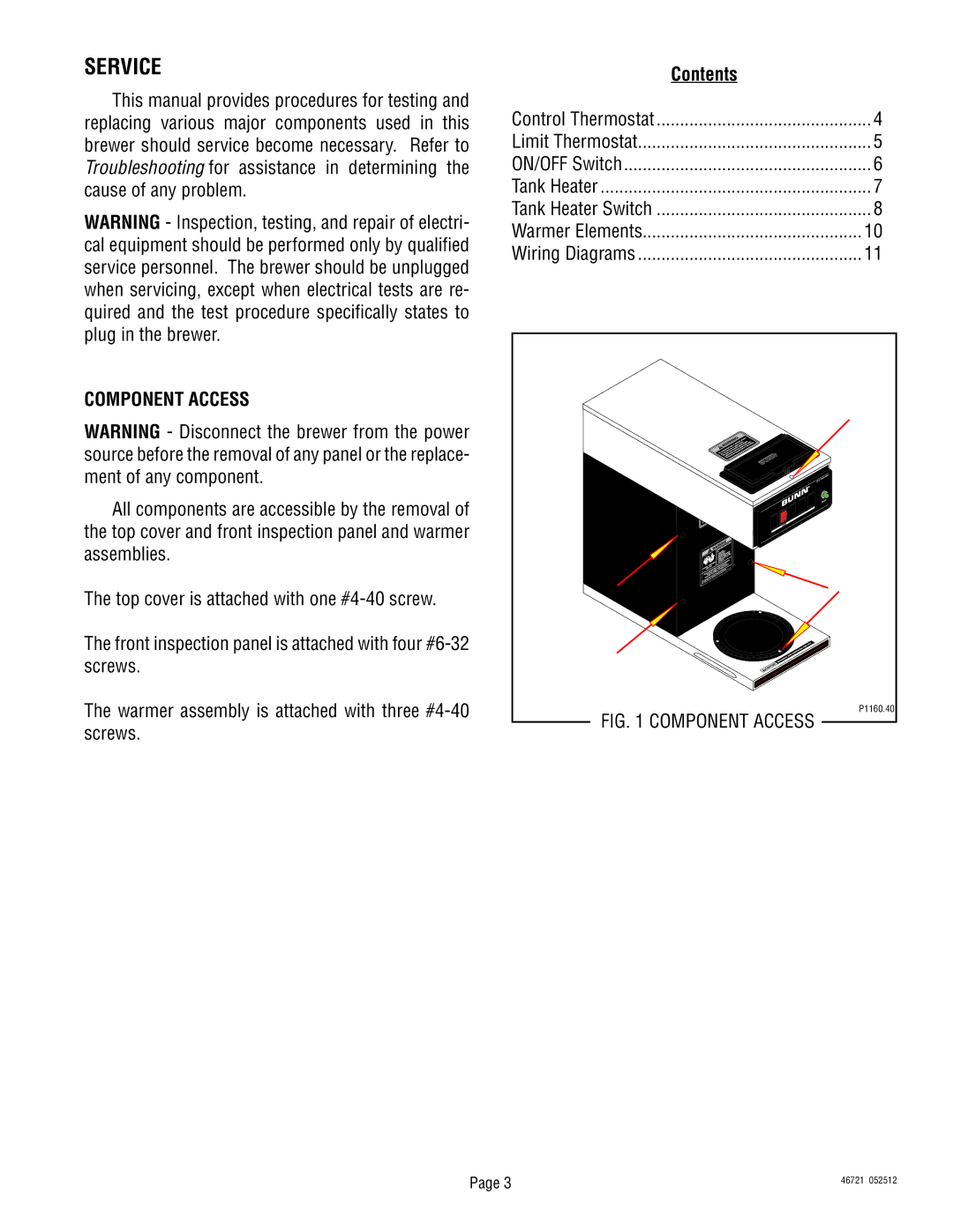 Bunn VP17 manual Service, Component Access 