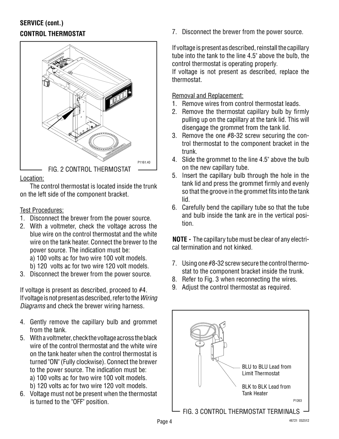 Bunn VP17 manual Control Thermostat, Gently remove the capillary bulb and grommet from the tank 