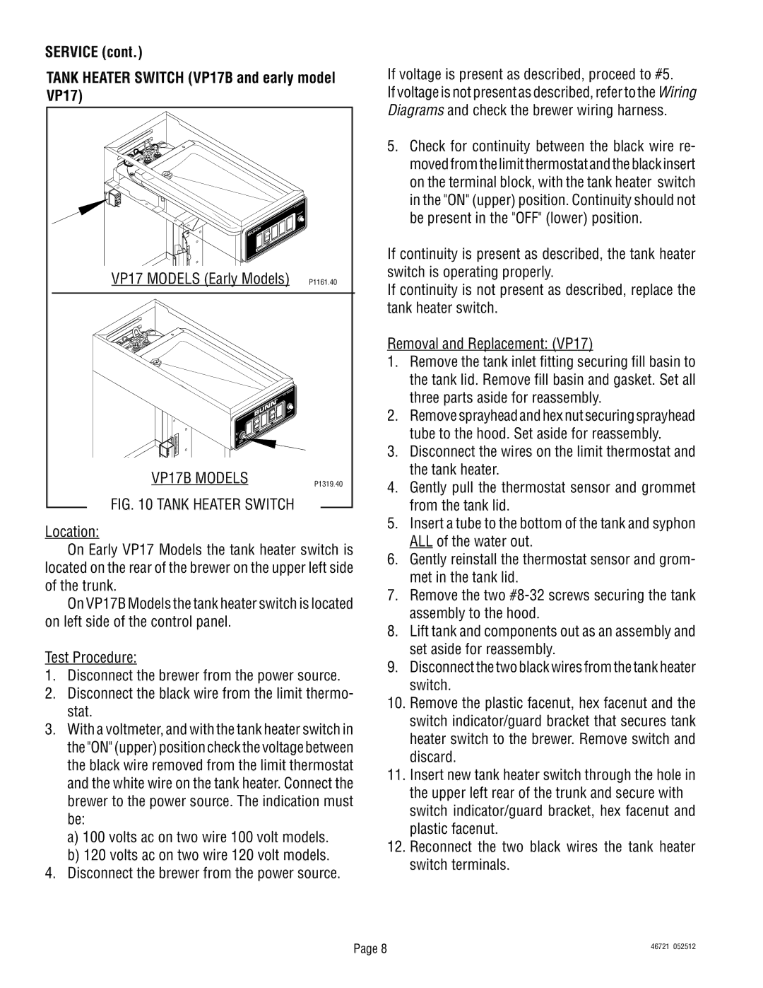 Bunn manual Service Tank Heater Switch VP17B and early model VP17 