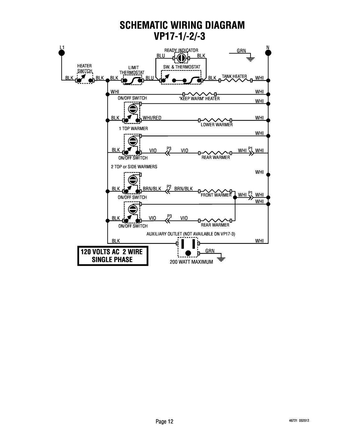 Bunn manual VP17-1/-2/-3, Schematic Wiring Diagram, VOLTS AC 2 WIRE, Single Phase, Page 