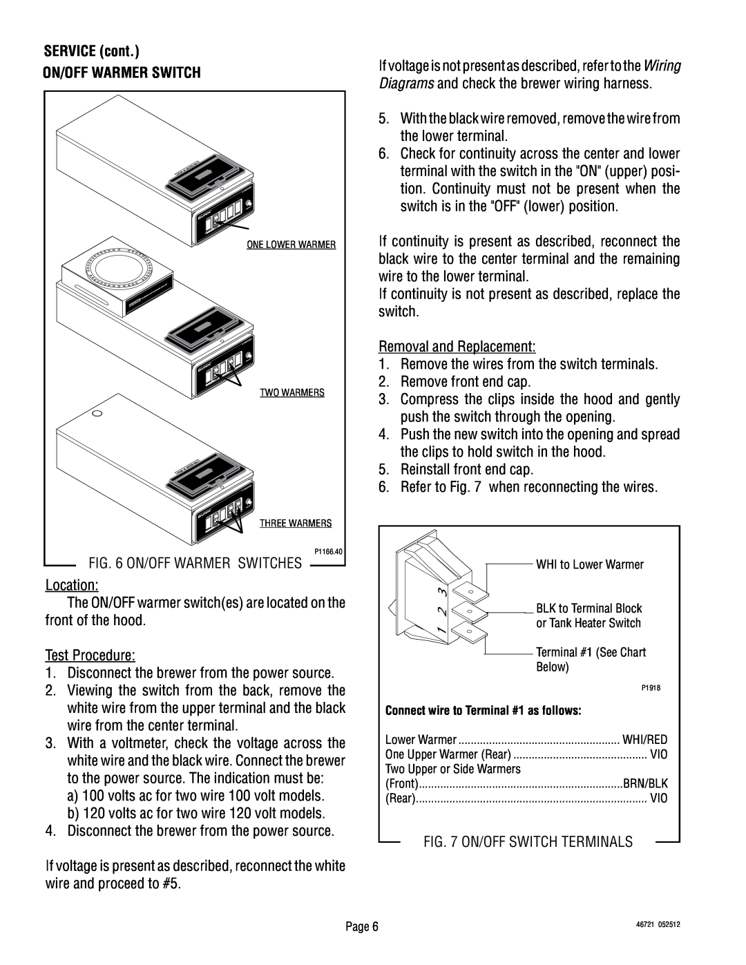 Bunn VP17 manual SERVICE cont ON/OFF WARMER SWITCH 