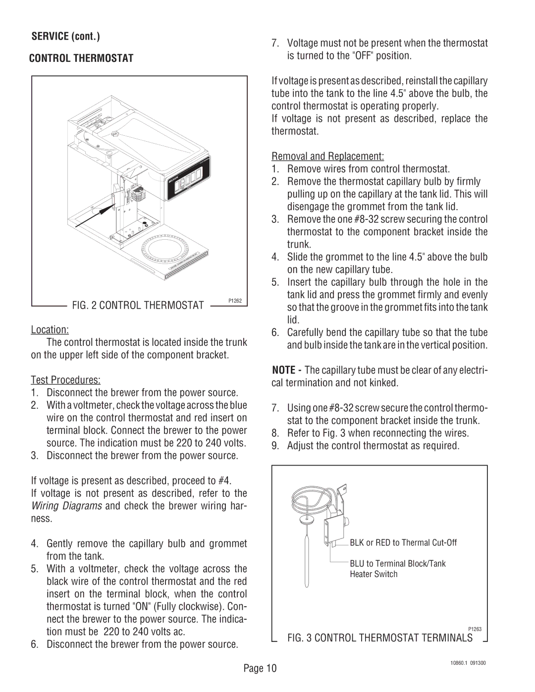 Bunn VP17A service manual Control Thermostat, Location, Test Procedures Disconnect the brewer from the power source 