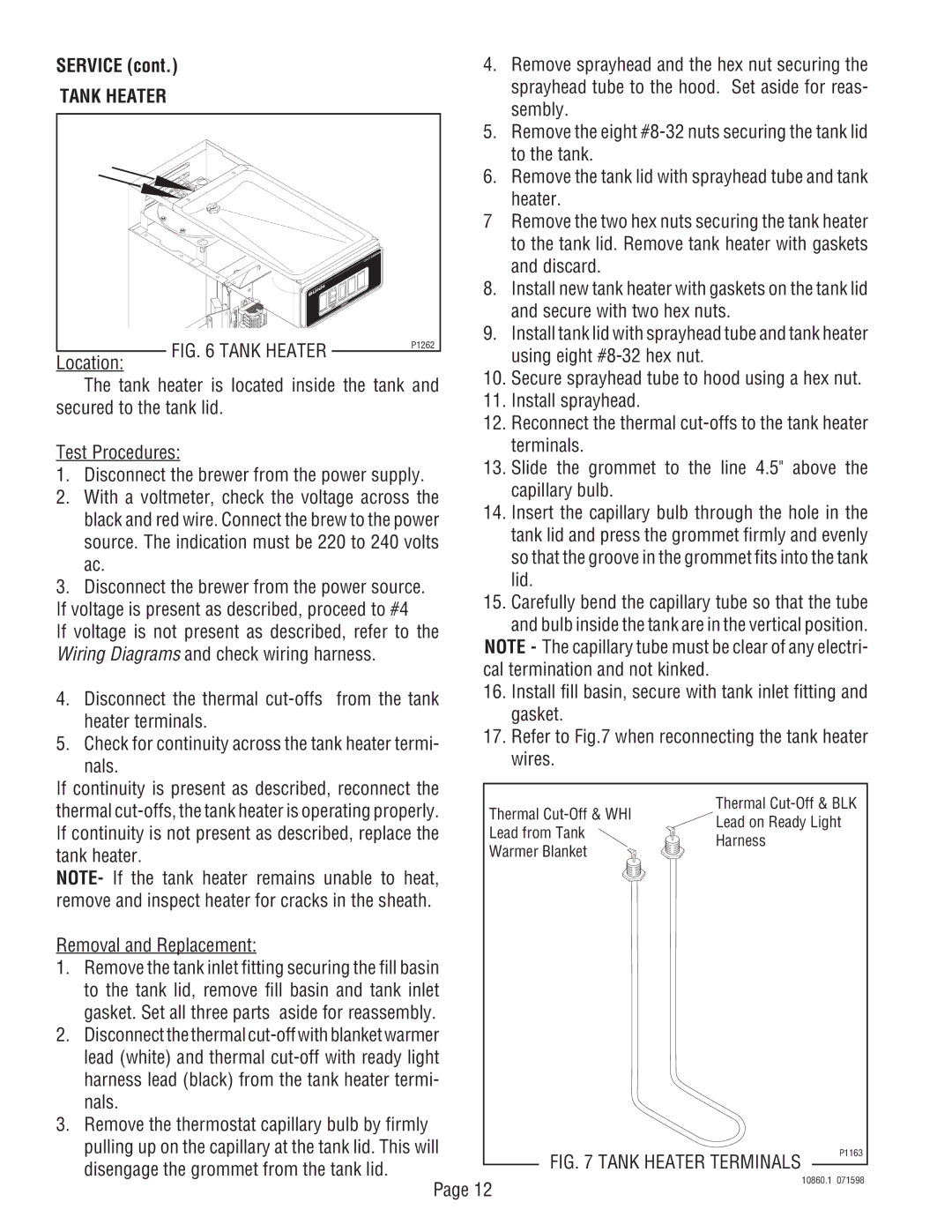 Bunn VP17A Sembly, To the tank, Heater, Discard, Secure with two hex nuts, Tank heater is located inside the tank 