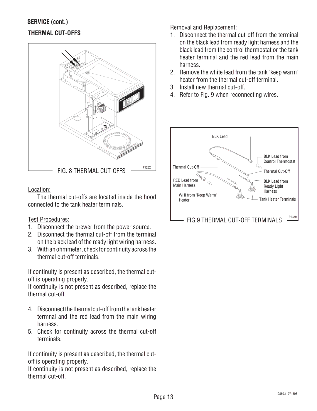 Bunn VP17A service manual Thermal CUT-OFFS, Install new thermal cut-off Refer to when reconnecting wires 