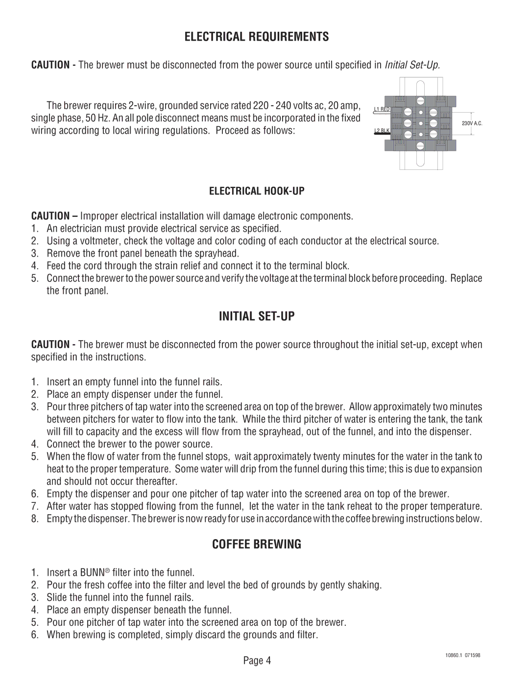 Bunn VP17A service manual Electrical Requirements, Initial SET-UP, Coffee Brewing, Electrical HOOK-UP 