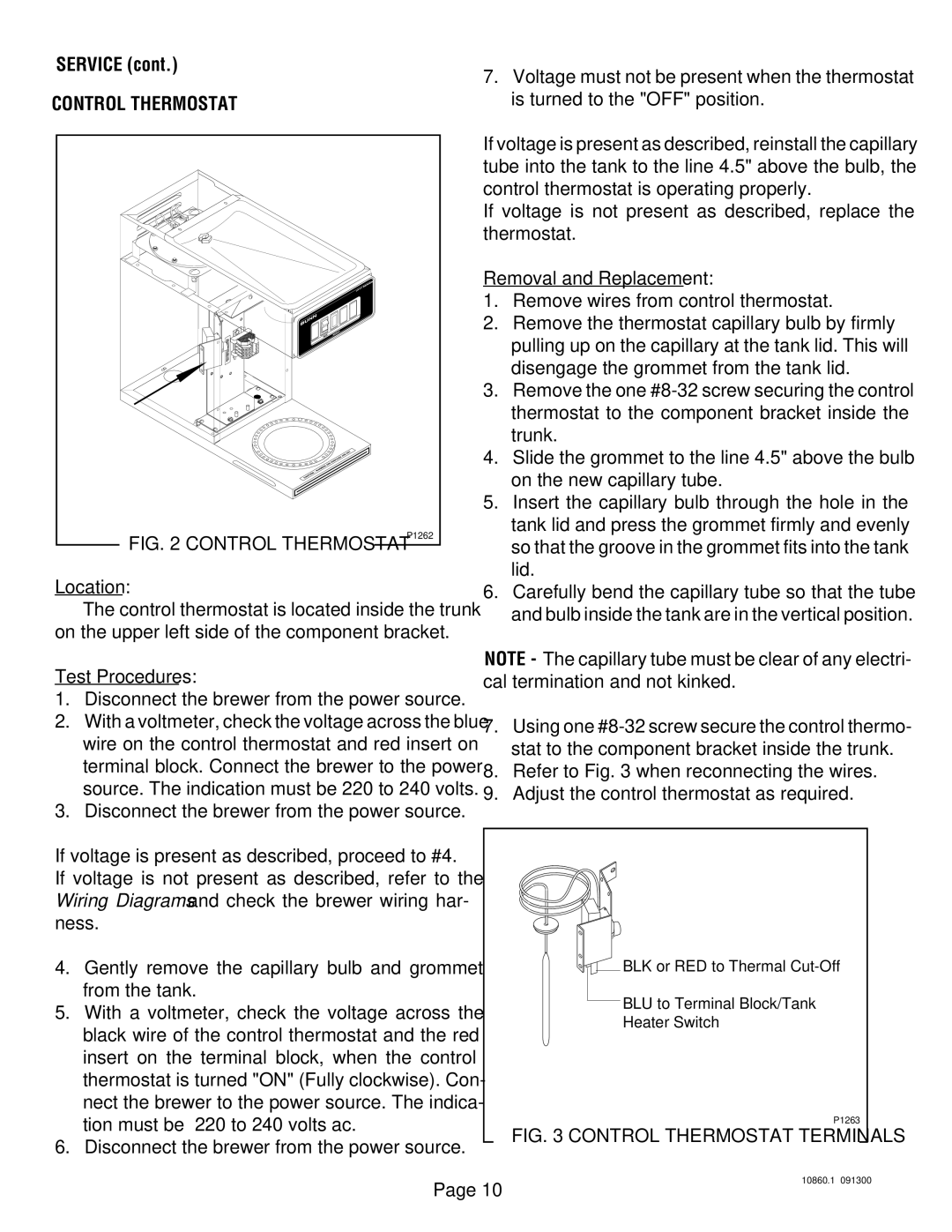 Bunn VP17A service manual Control Thermostat, Location, Test Procedures Disconnect the brewer from the power source 