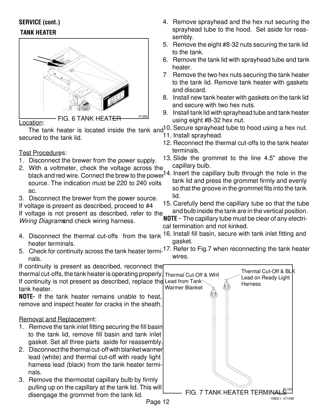 Bunn VP17A Sembly, To the tank, Heater, Discard, Secure with two hex nuts, Tank heater is located inside the tank 