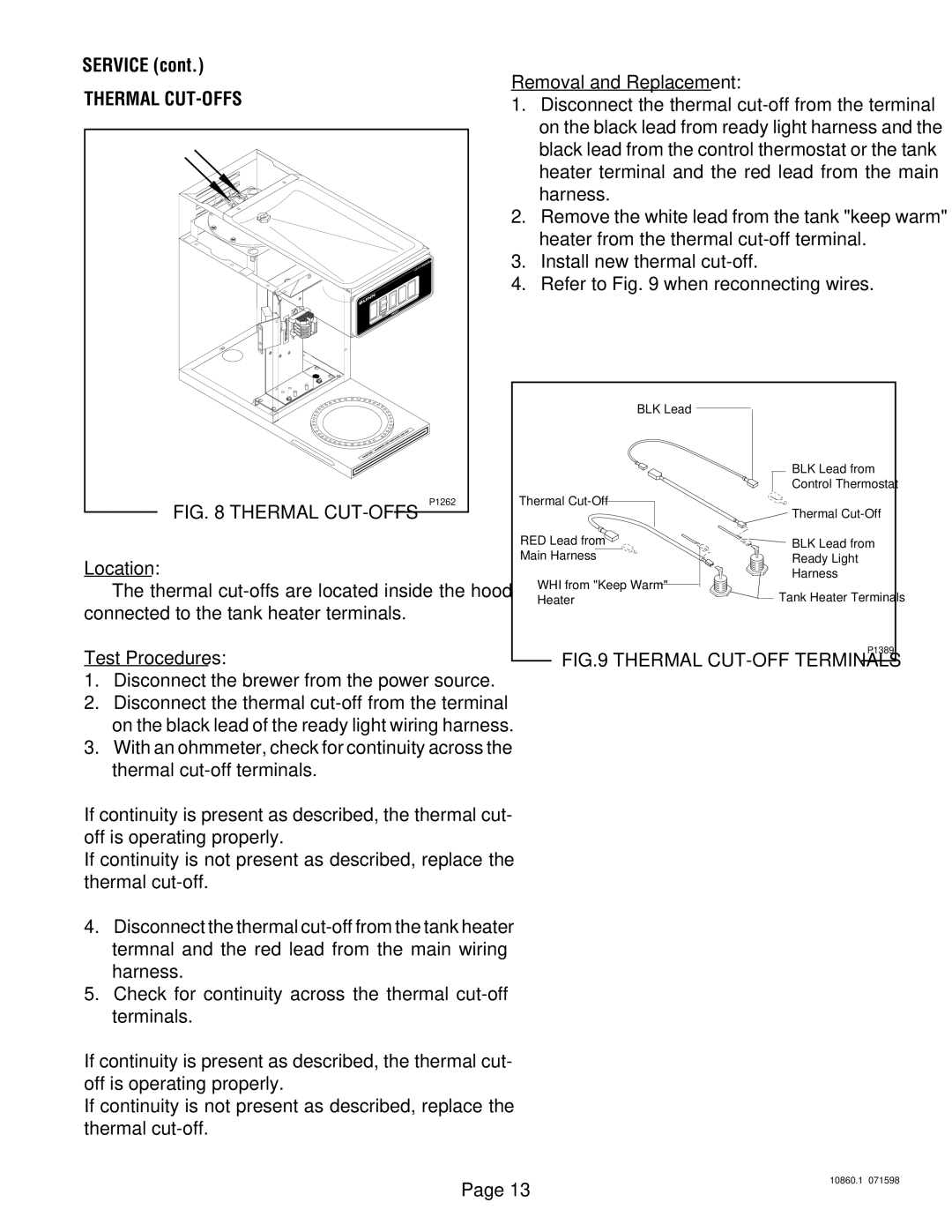 Bunn VP17A service manual Thermal CUT-OFFS, Install new thermal cut-off Refer to when reconnecting wires 