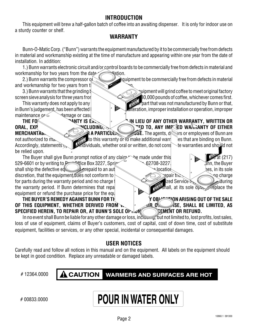 Bunn VP17A service manual Introduction, Warranty, User Notices 