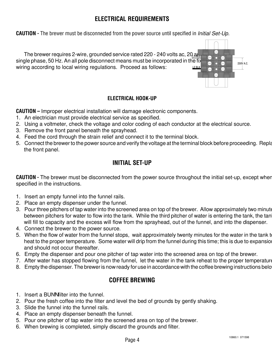 Bunn VP17A service manual Electrical Requirements, Initial SET-UP, Coffee Brewing, Electrical HOOK-UP 