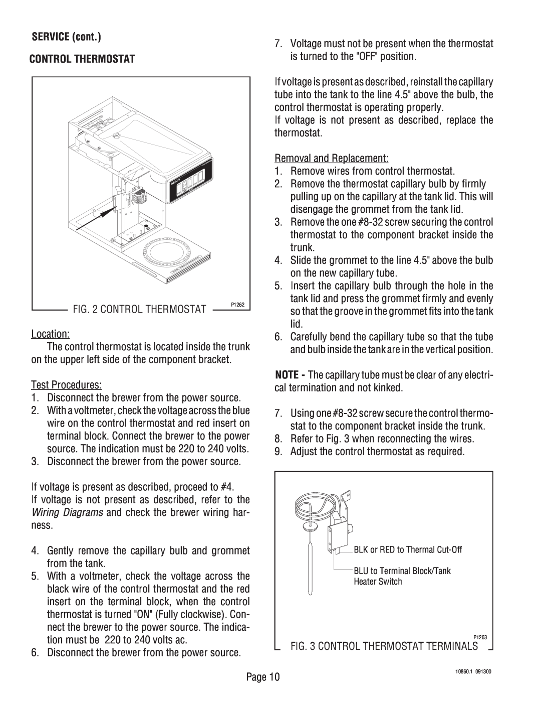 Bunn VP17A service manual SERVICE cont, Control Thermostat, is turned to the OFF position 