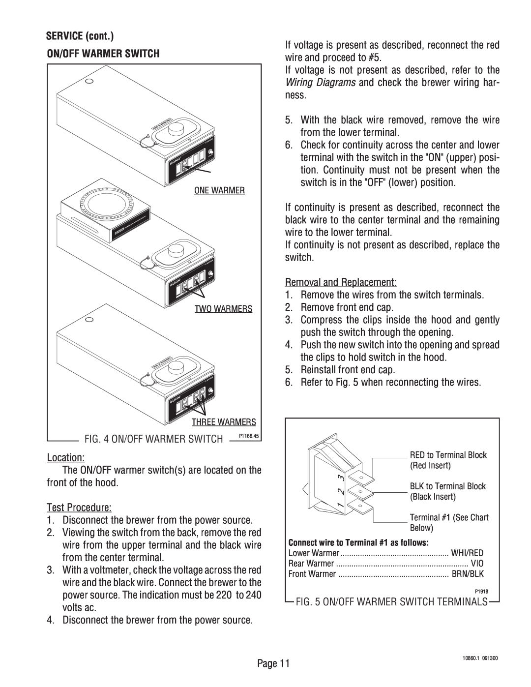 Bunn VP17A service manual SERVICE cont ON/OFF WARMER SWITCH 