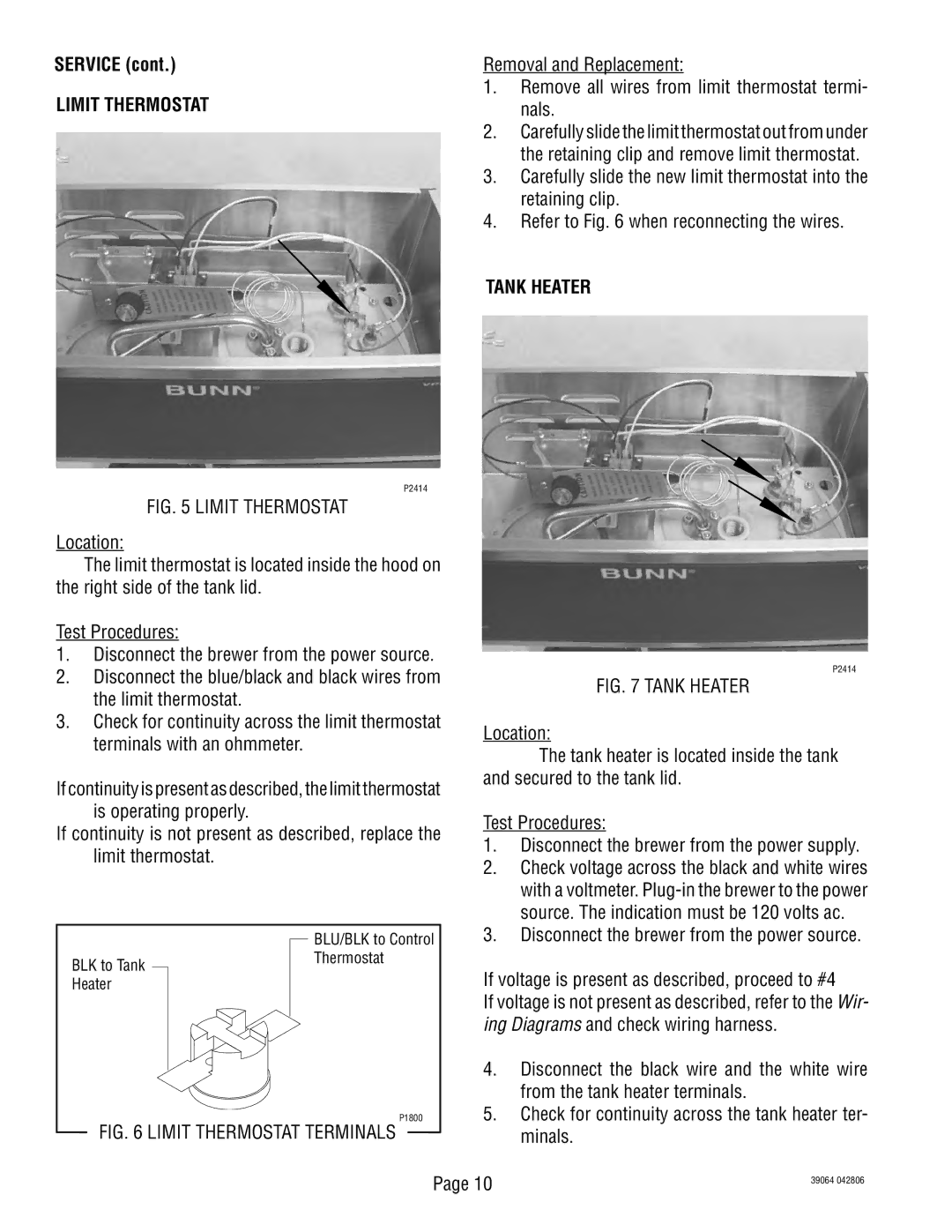 Bunn VPR APS service manual Limit Thermostat, Tank Heater 