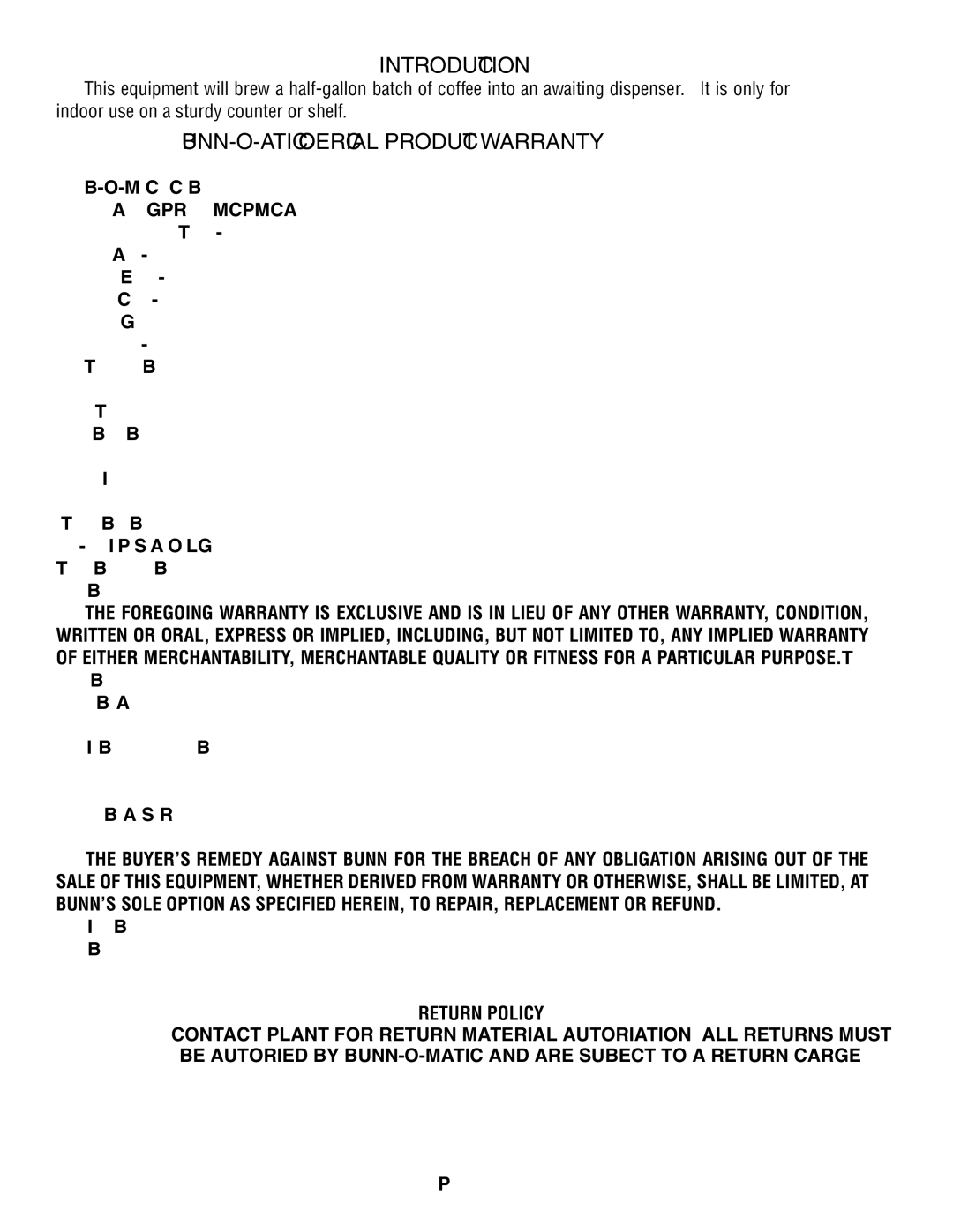 Bunn VPR APS service manual Introduction, BUNN-O-MATIC Commercial Product Warranty, Return Policy 