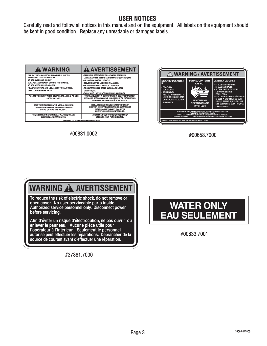 Bunn VPR APS User Notices, Water Only Eau Seulement, Warning Avertissement, Warning / Avertissement, Jeter La Carafe 