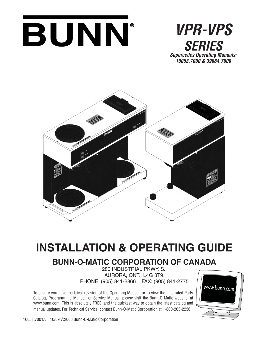 Bunn VPS service manual Vpr-Vps, Phone 905 841-2866 FAX 905 