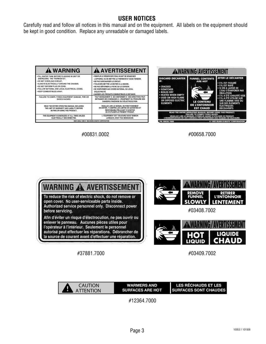 Bunn VPS service manual User Notices, #03408.7002, #03409.7002, #12364.7000 