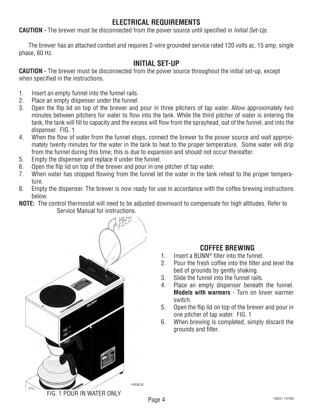 Bunn VPS service manual Electrical Requirements, Initial SET-UP, Coffee Brewing 