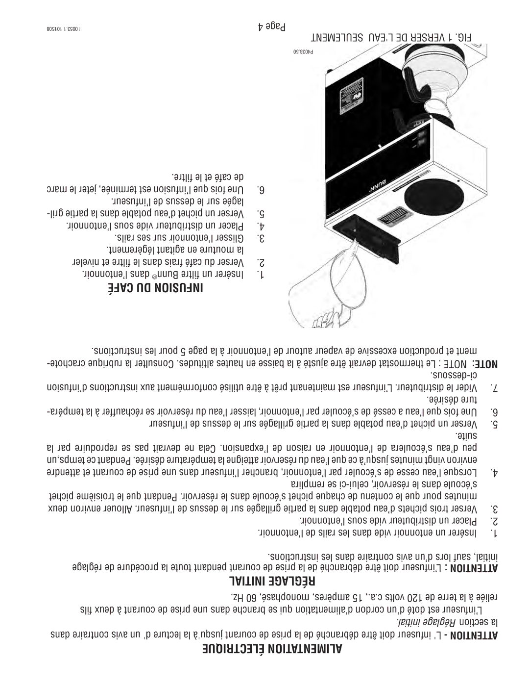 Bunn VPS service manual Café DU Infusion, Initial Réglage, Électrique Alimentation 