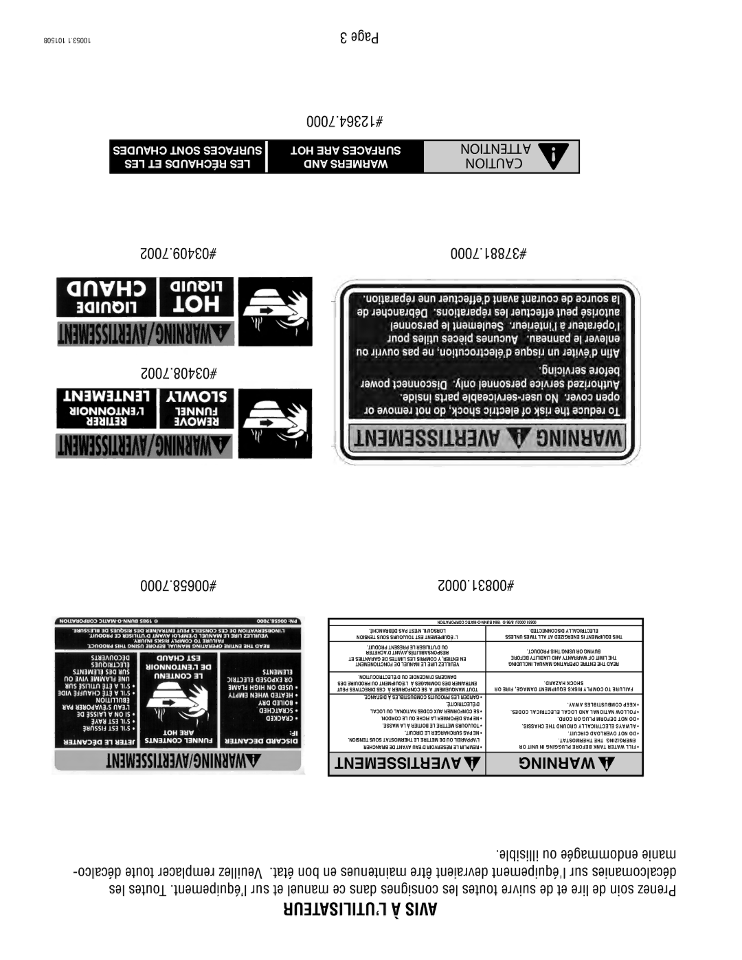 Bunn VPS service manual ’UTILISATEUR À Avis, 7002.#03408 