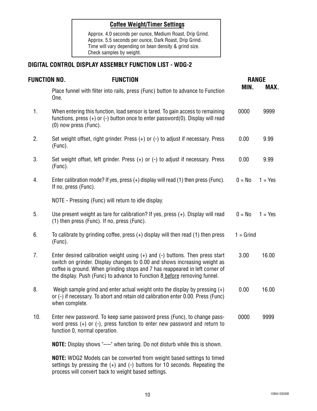 Bunn WDG-2 manual Coffee Weight/Timer Settings 