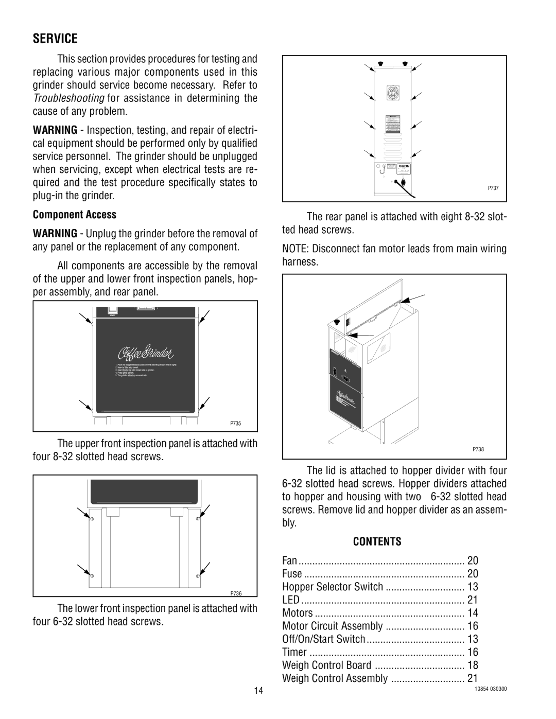 Bunn WDG-2 manual Service, Component Access 