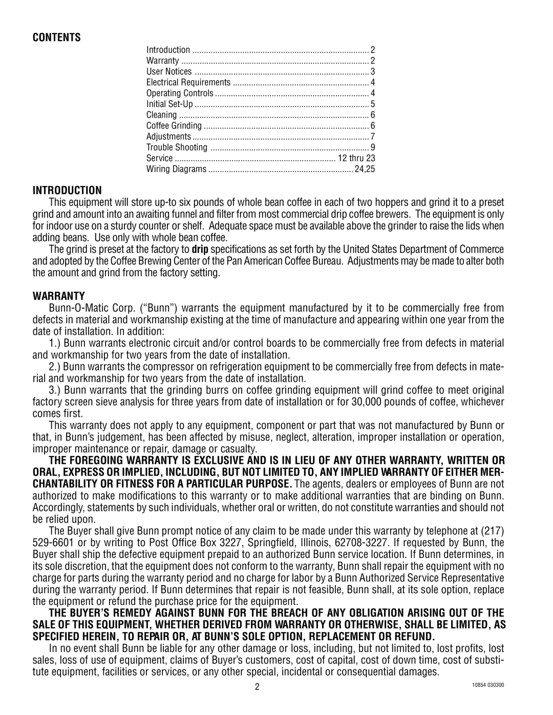 Bunn WDG-2 manual Contents 